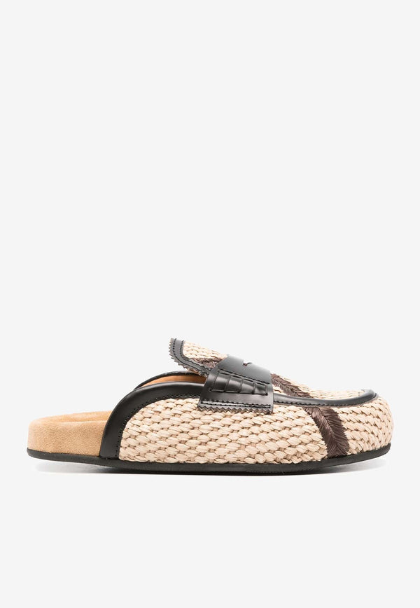 Leather-Trimmed Raffia Flat Mules