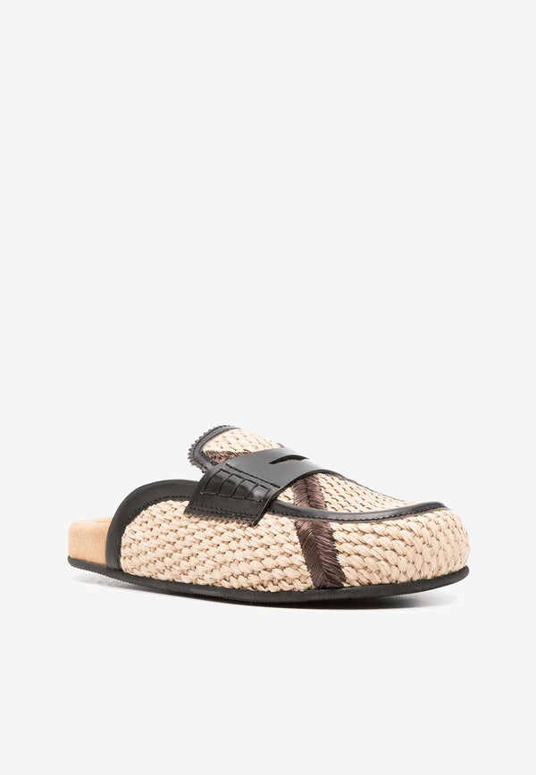 Leather-Trimmed Raffia Flat Mules