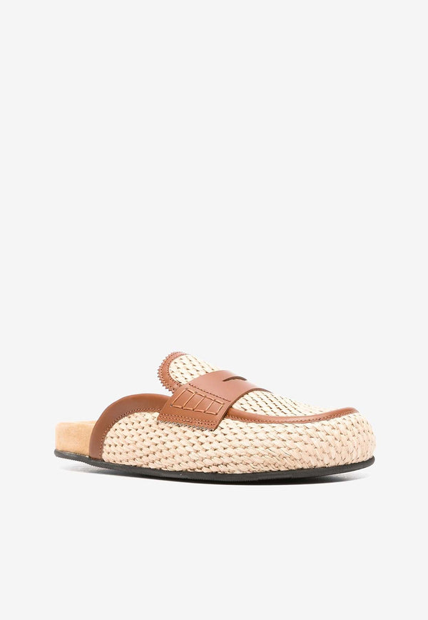 Leather-Trimmed Raffia Flat Mules