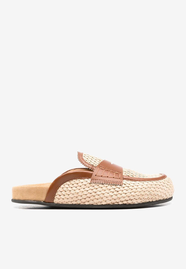 Leather-Trimmed Raffia Flat Mules