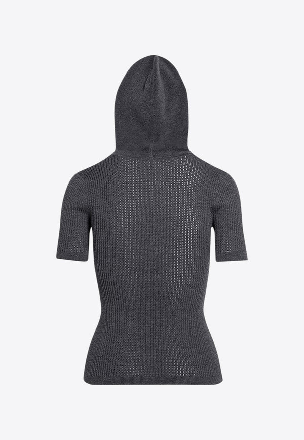 Ribbed Knit Wool Top with Hood