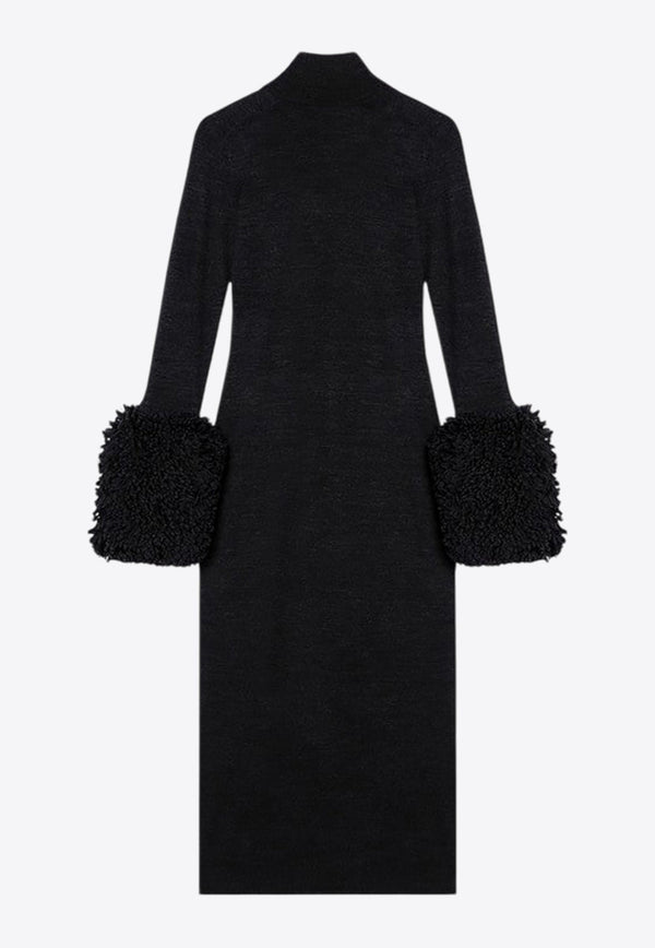 Shearling-Trimmed Cuffs Midi Dress