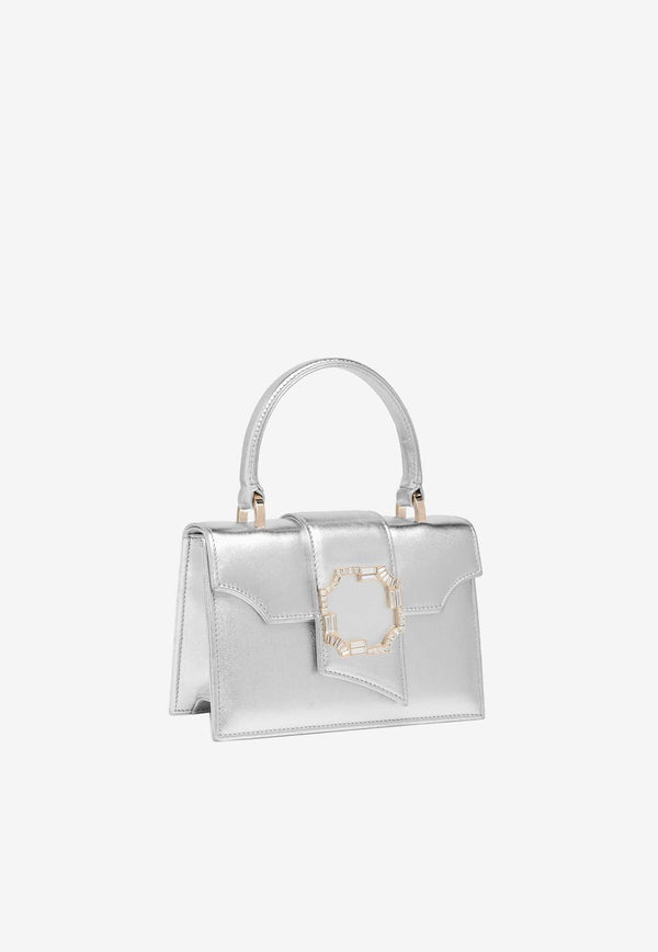 Mini Audrey Crest Buckle Top Handle Bag in Metallic Leather