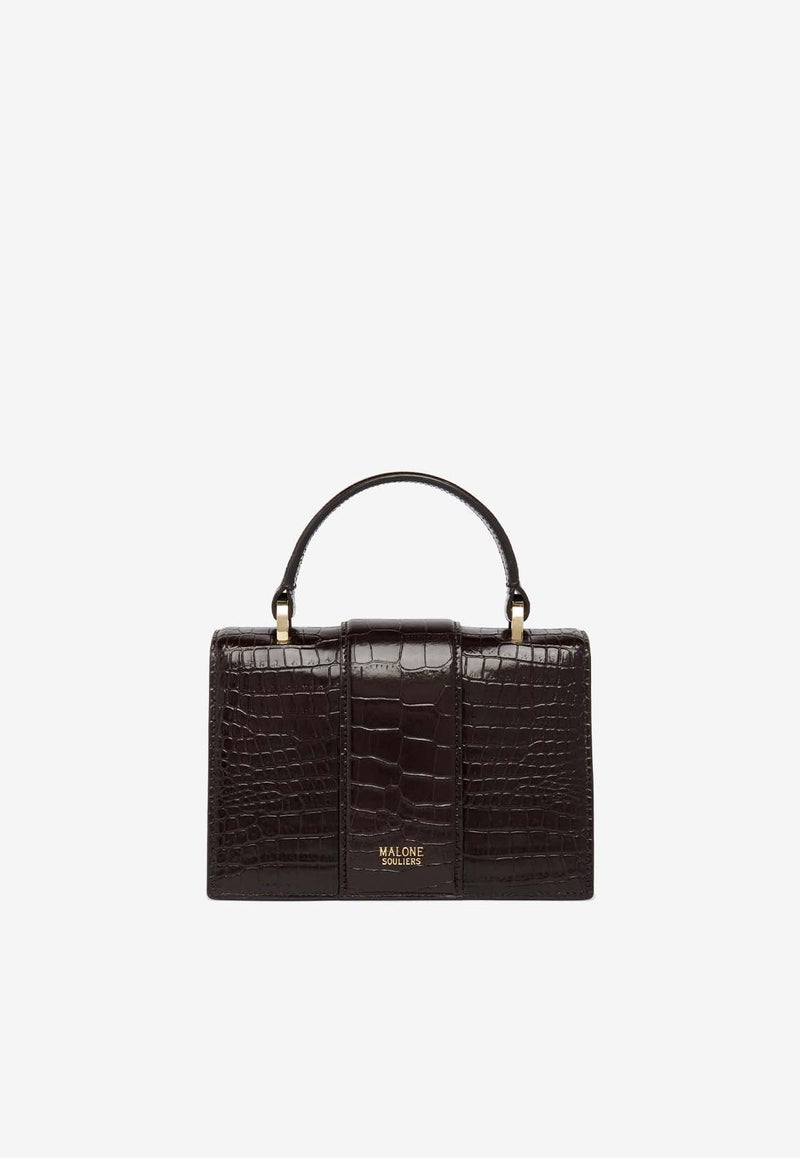 Mini Audrey Crest Buckle Top Handle Bag in Croc-Embossed Leather