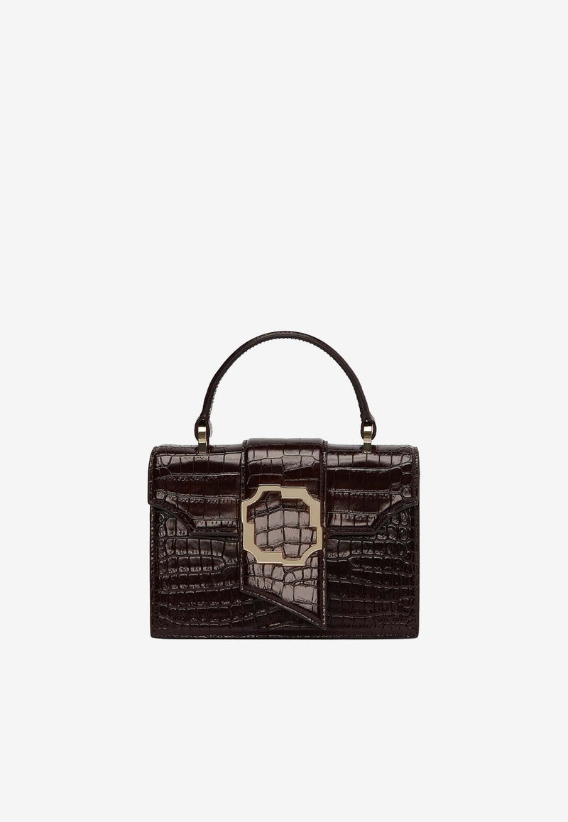 Mini Audrey Crest Buckle Top Handle Bag in Croc-Embossed Leather