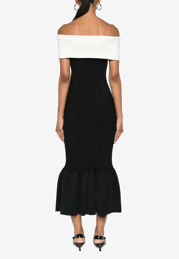 Off-Shoulder Ribbed Knit Midi Dress with Bow Detail