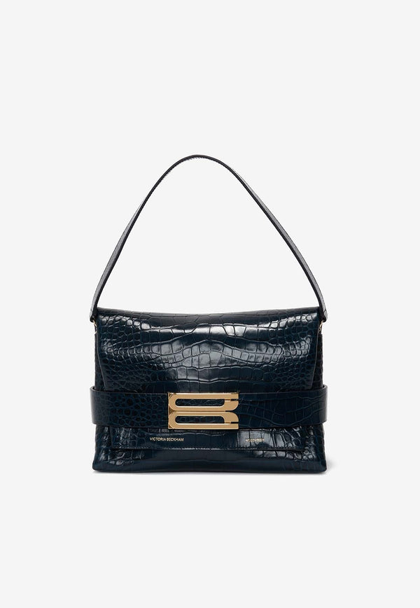 B Buckle Shoulder Bag in Croc-Embossed Leather