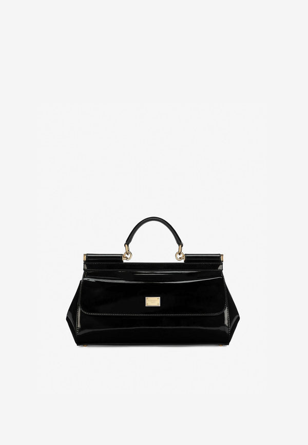 Elongated Sicily Top Handle Bag in Polished Leather