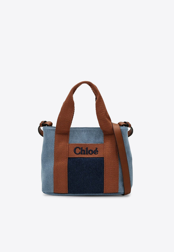 Logo Embroidered Denim Shoulder Bag