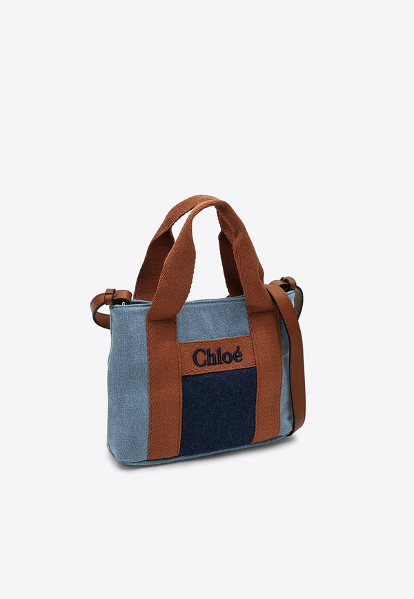 Logo Embroidered Denim Shoulder Bag