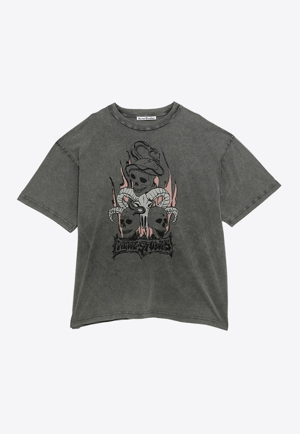 Skull Print Washed-Effect T-shirt