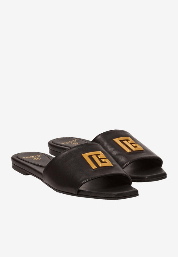 Dafne Logo Plaque Calf Leather Flat Sandals