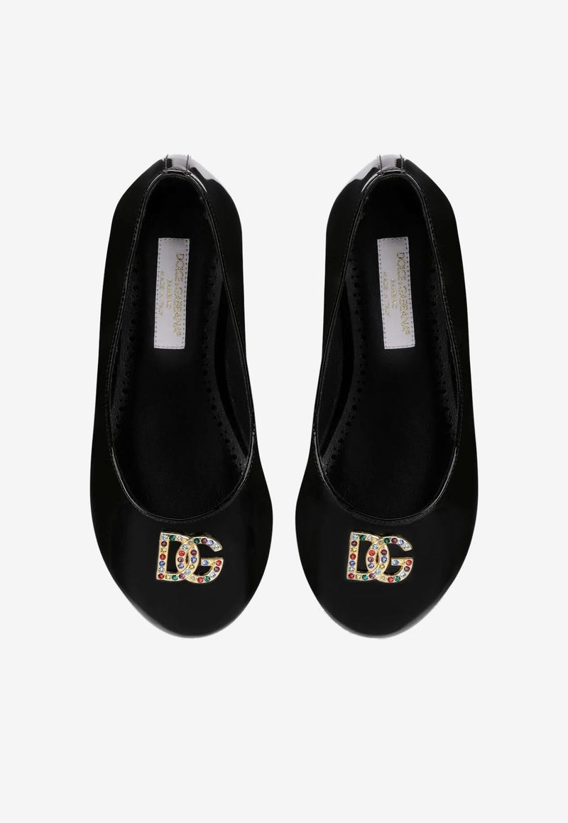 Girls Crystal DG Logo Ballet Flats in Patent Leather