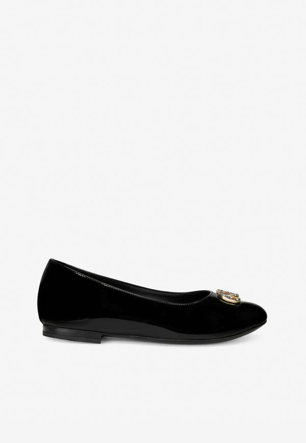 Girls Crystal DG Logo Ballet Flats in Patent Leather