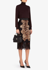 Leopard Print Laced Satin Midi Skirt