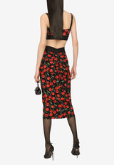 Cherry Print High-Waist Midi Skirt