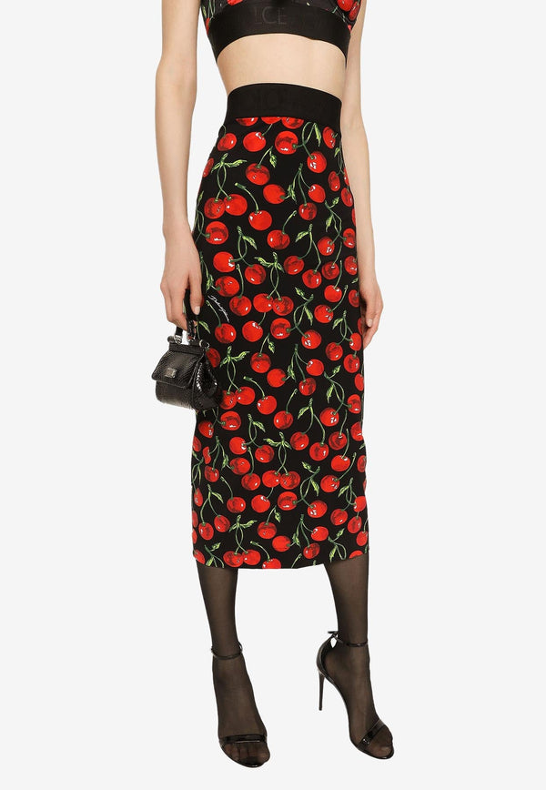 Cherry Print High-Waist Midi Skirt