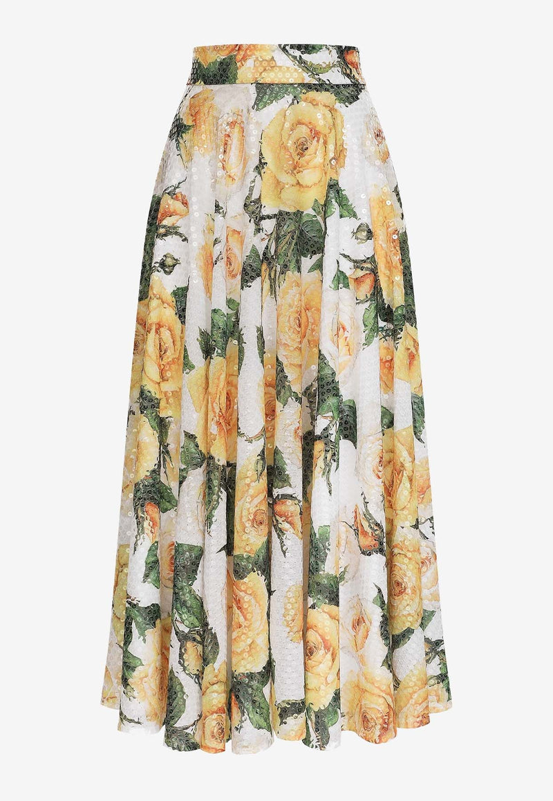 Sequined Rose-Print Midi Skirt