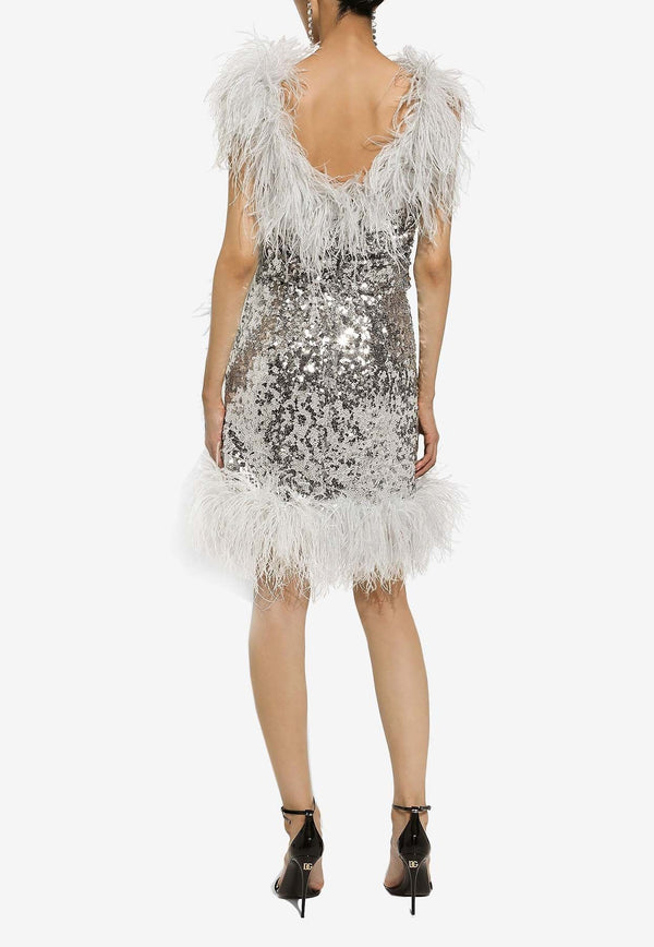 Feather-Embellished Sequin Mini Dress