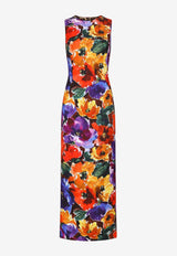 Sleeveless Abstract Flower-Print Midi Dress