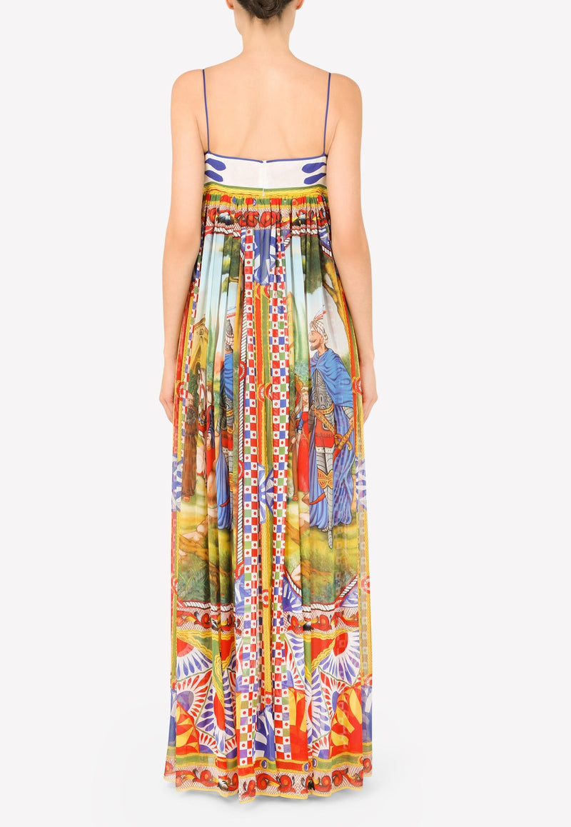 V-neck Carretto Print Chiffon Maxi Dress