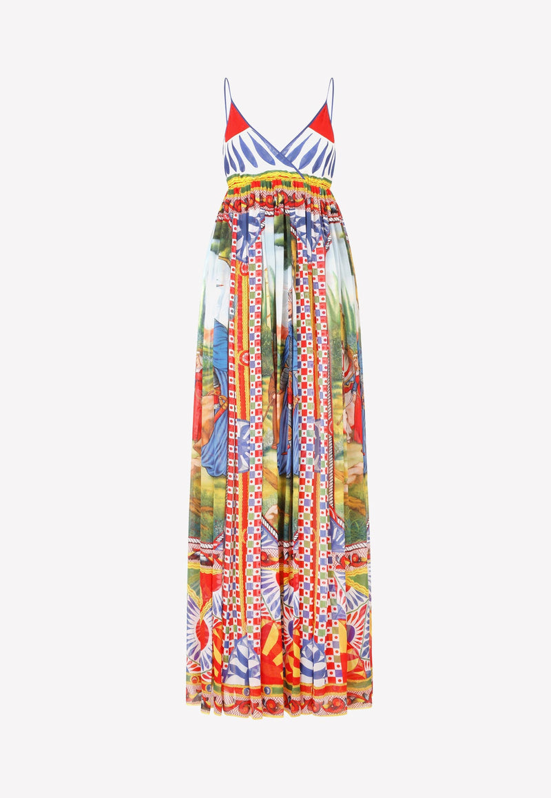 V-neck Carretto Print Chiffon Maxi Dress