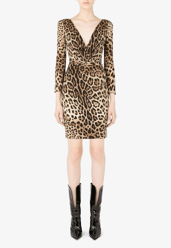 Leopard Print V-neck Charmeuse Mini Dress