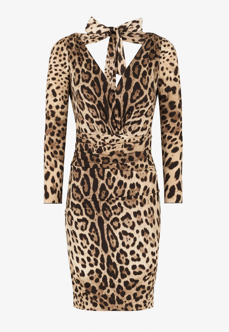 Leopard Print V-neck Charmeuse Mini Dress