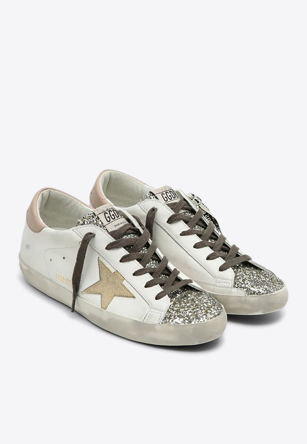 Super-Star Distressed Leather Sneakers with Glittered Toe Cap