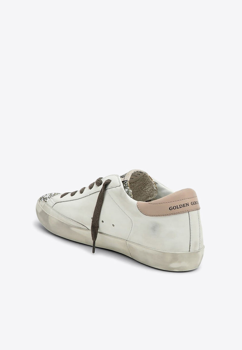 Super-Star Distressed Leather Sneakers with Glittered Toe Cap