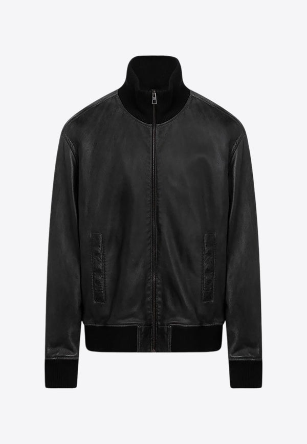 Vintage Effect Leather Bomber Jacket