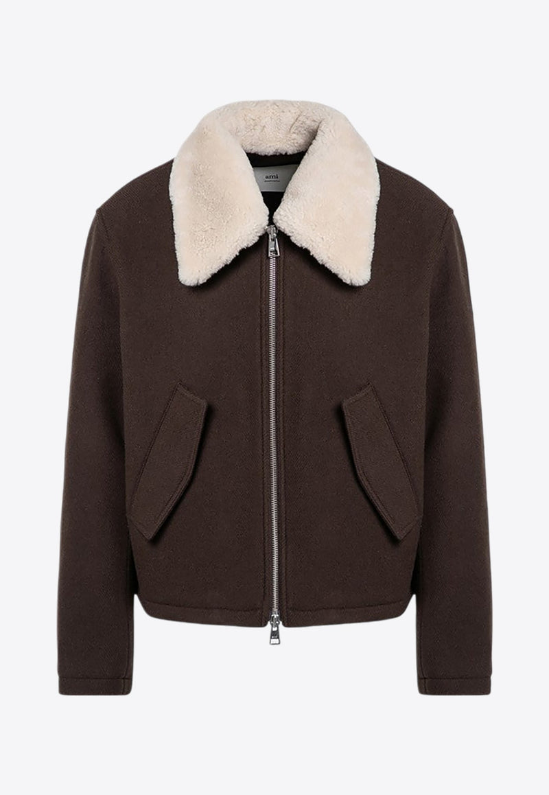 Shearling-Collar Wool Cropped Jacket