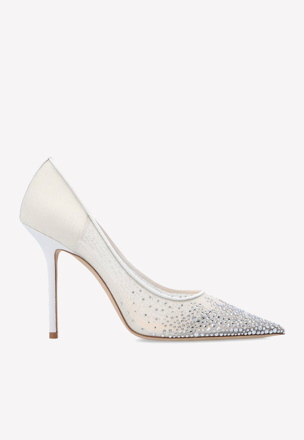 Love 100 Crystal-Embellished Mesh Pumps