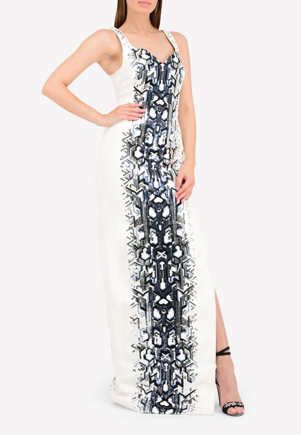 Sequin Slit Embroidered Column Gown