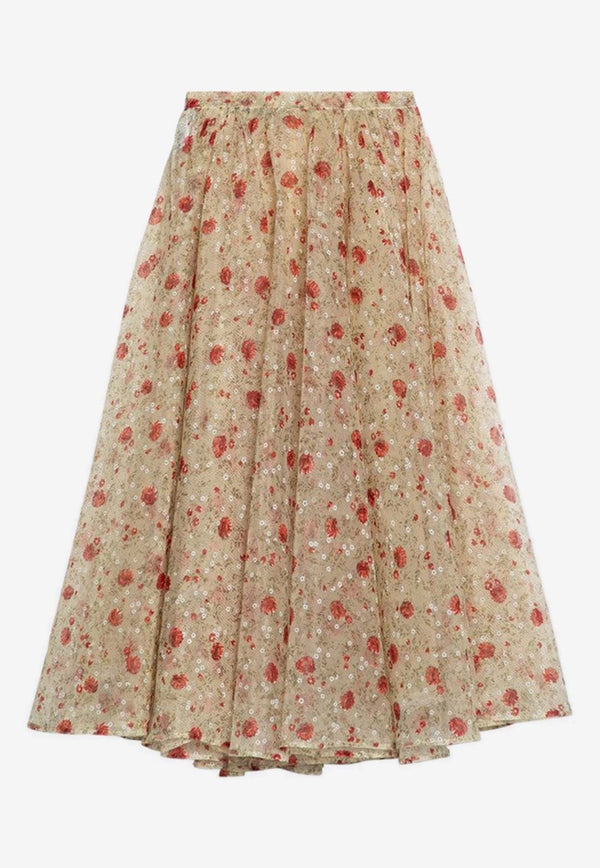 Floral Print Midi Flared Skirt