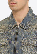 Bandana-Embroidered Zip-Up Denim Jacket