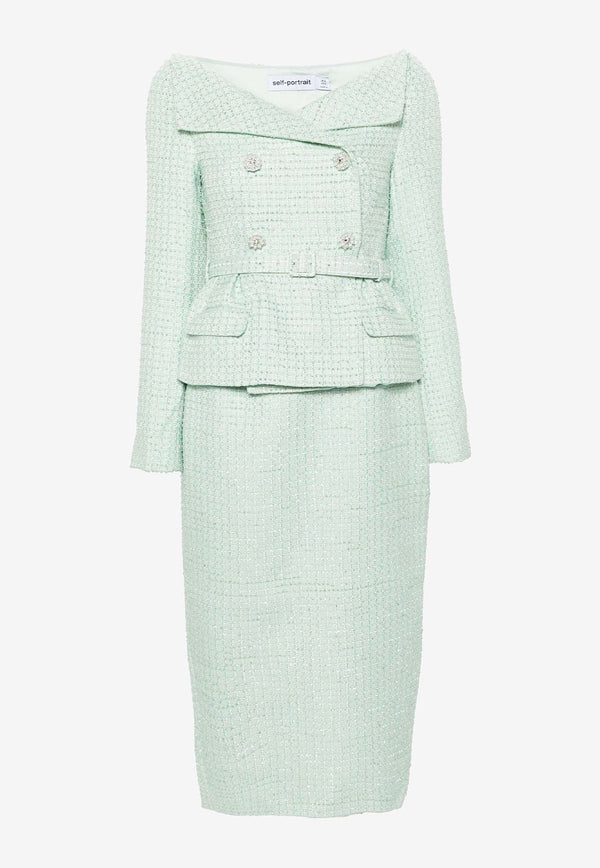 Off-Shoulder Bouclé Tailored Midi Dress