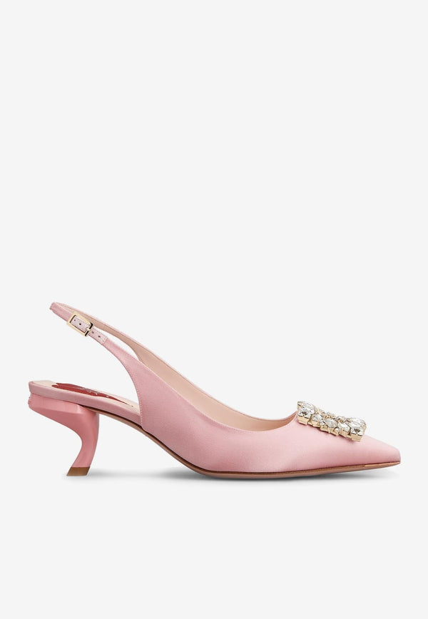 Virgule 55 Crystal Buckle Slingback Pumps in Satin