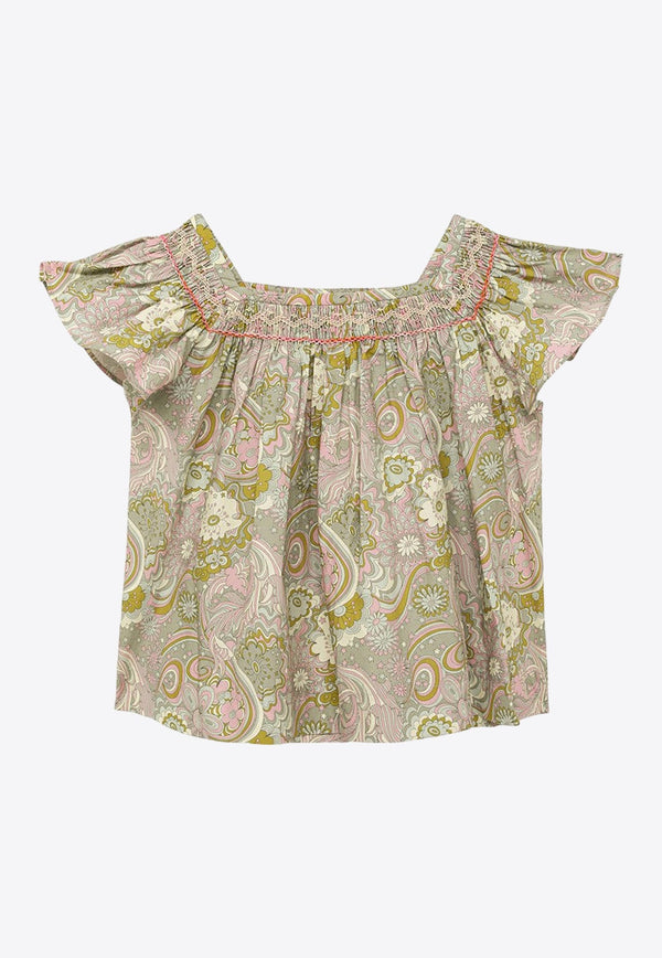 Girls Floral Ruffle-Sleeved Blouse