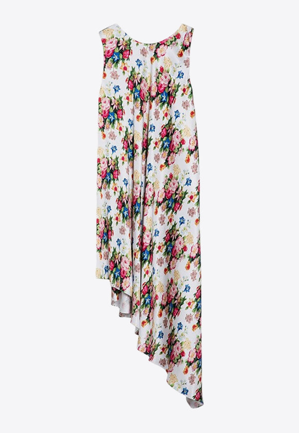 Asymmetrical Floral Silk  Midi Dress