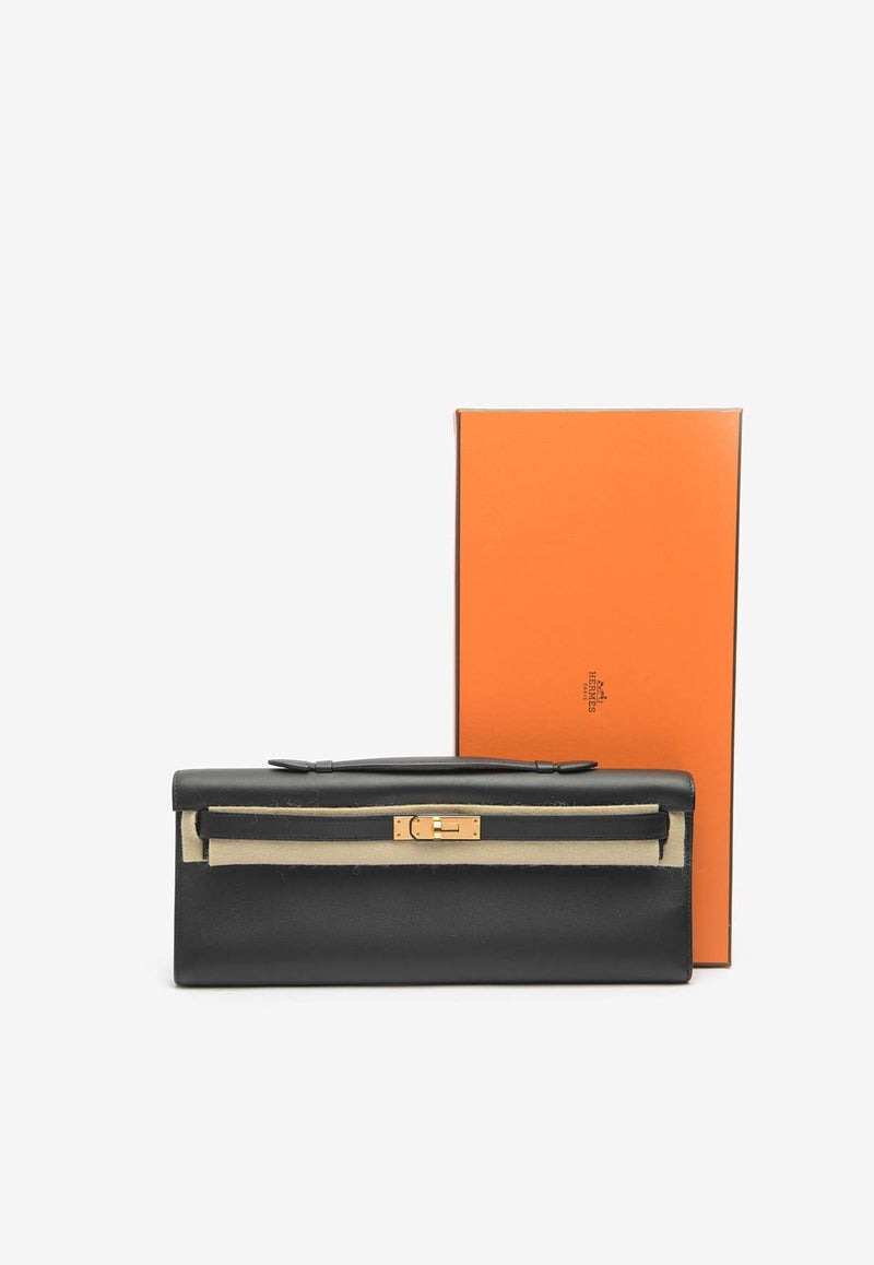 Kelly Cut Clutch Bag in Black Swift Leather with Gold Hardware