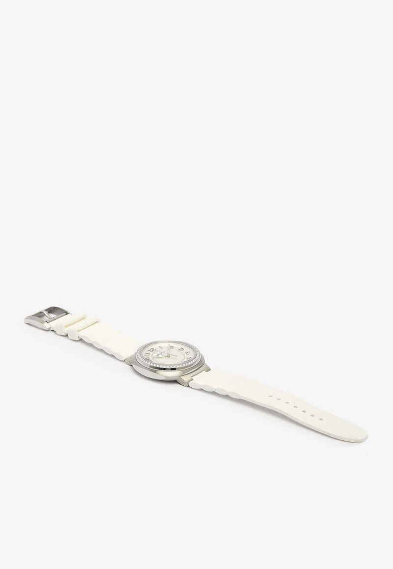 Large Hermès Cut 36mm Watch in White Rubber Strap and Diamond Bezel