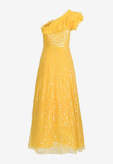 Raindrop One-Shoulder Sequined Gown