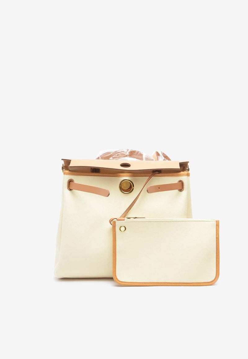 Herbag Zip Retourne 31 in Vanille Toile and Naturel Sable Hunter with Gold Hardware