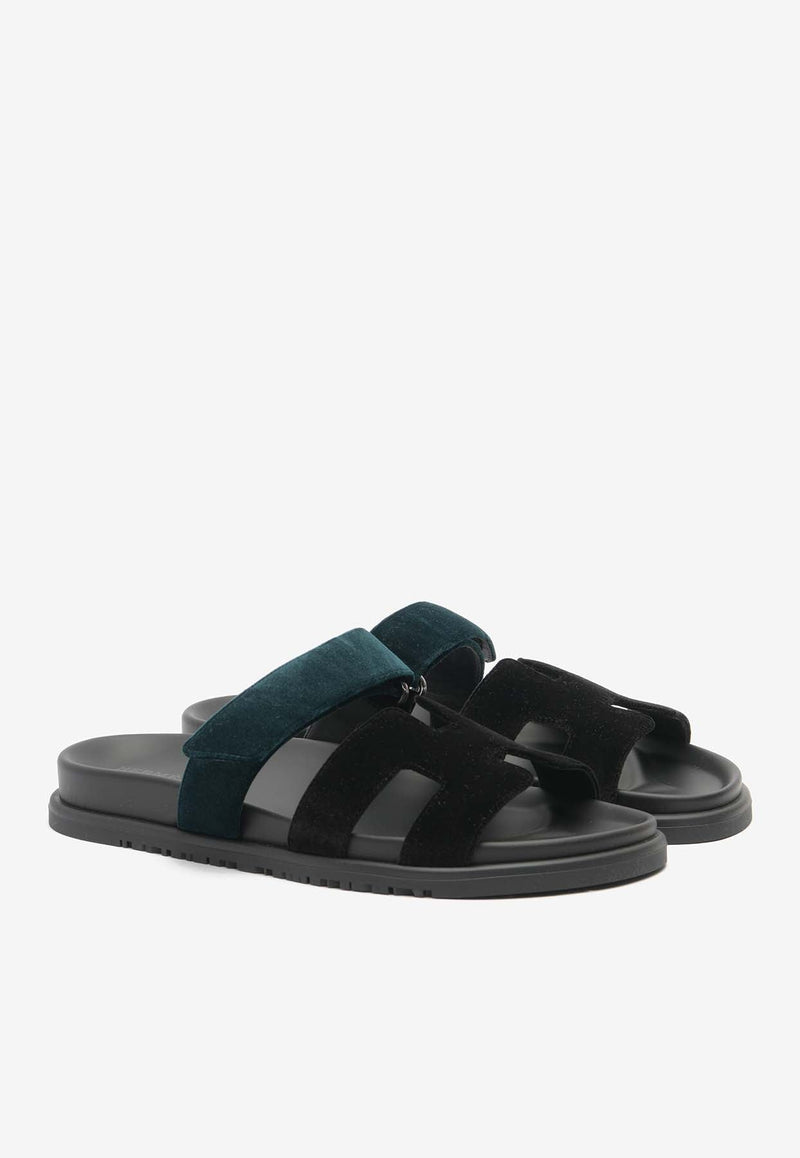 Chypre Sandals in Black and Vert Mousse Velvet