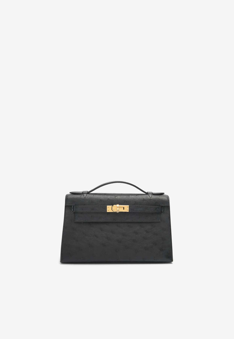 Kelly Pochette Clutch Bag in Black Ostrich Leather with Gold Hardware