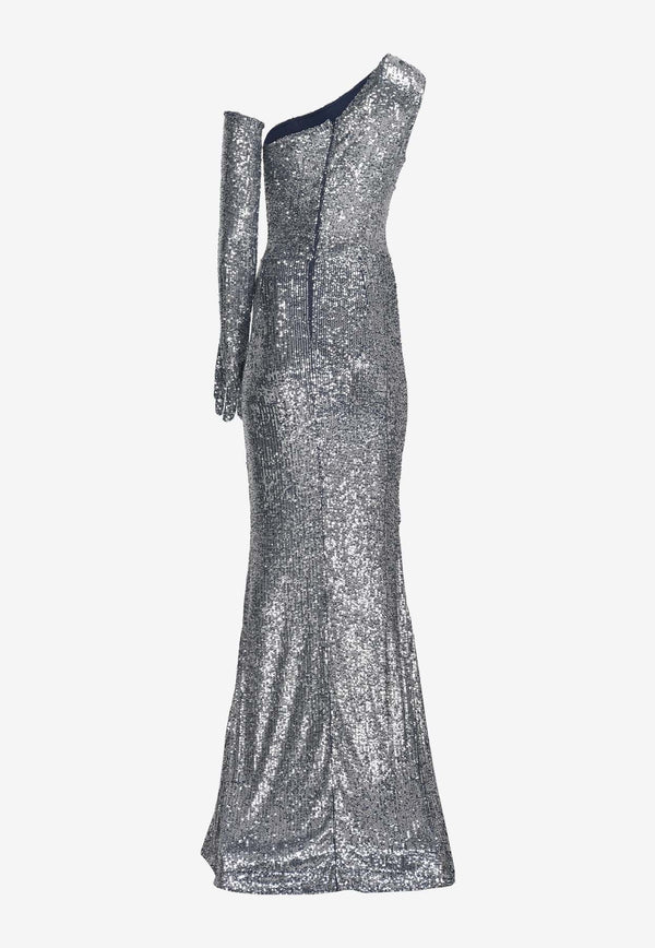 One-Shoulder Sequined Gown with Gloves