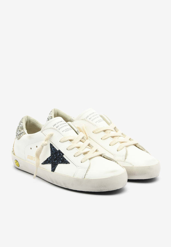 Girls Super-Star Leather Sneakers with Glittered Star and Heel