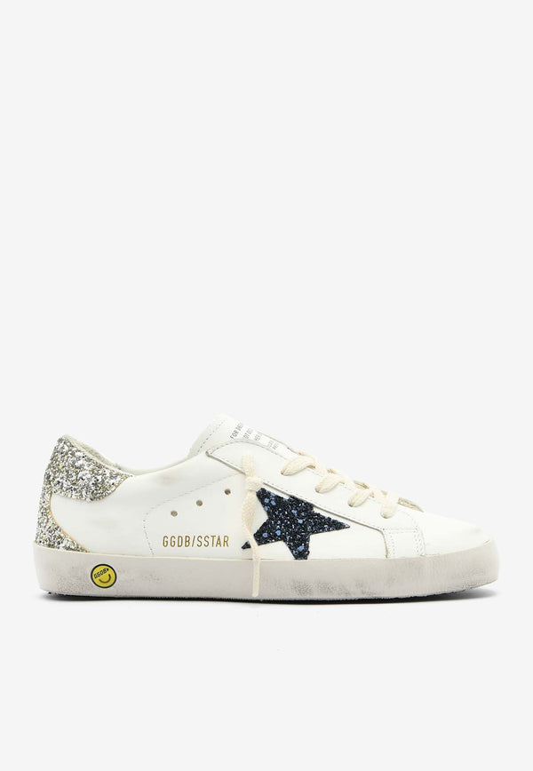 Girls Super-Star Leather Sneakers with Glittered Star and Heel