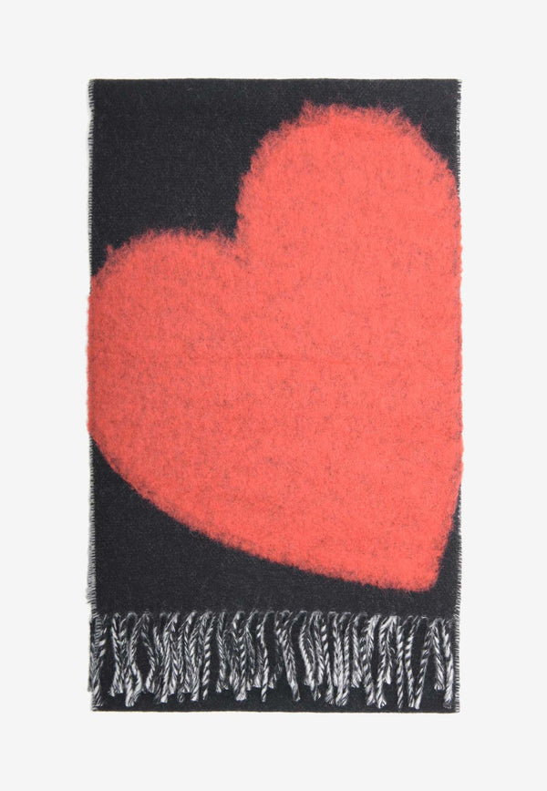 Heart Motif Fringed Wool Scarf